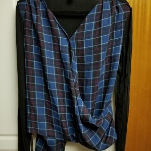 🍭Attitude(Jay Manuel) sheer/plaid crisscross long sleeved top